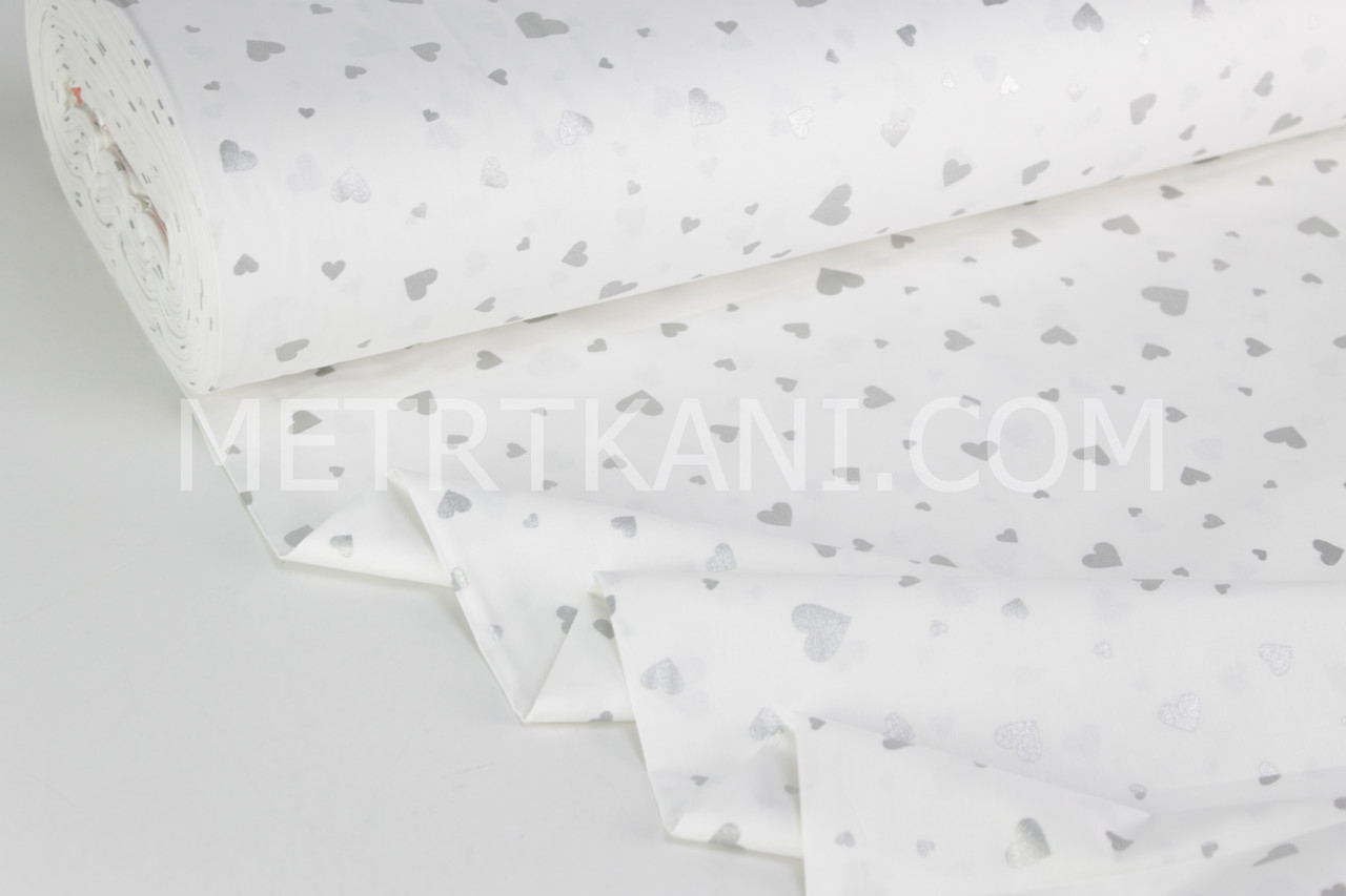 Тканина ранфорс "Сердечка різних розмірів" срібні (глітер) на білому Туреччина 240 см NoРН 1922, фото 1