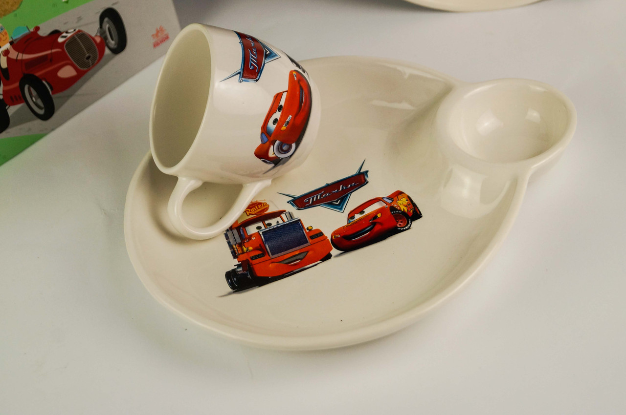 Набор детской керамической посуды для мальчика с чашкой и тарелкой с отделением под соус. - фото 2 - id-p1074707688