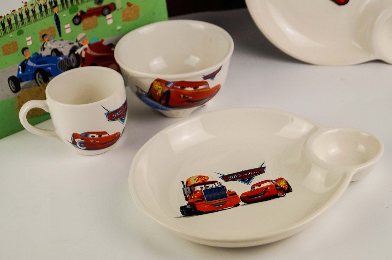 Набор детской керамической посуды для мальчика с чашкой и тарелкой с отделением под соус. - фото 4 - id-p1074707688