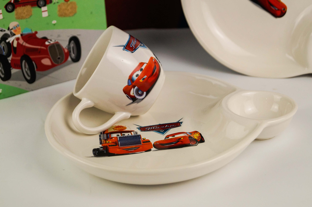 Набор детской керамической посуды для мальчика с чашкой и тарелкой с отделением под соус. - фото 1 - id-p1074707688
