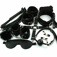 БДСМ игрушки BDSM Садо мазо игры 10 в 1 , плетка, кляп, веревка, наручник маска ошейник Черный Ellips