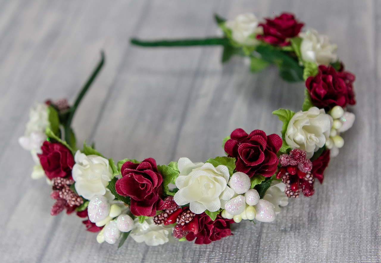 Обруч для волосся Трояндочка бордово-білий, фото 1