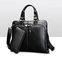 Мужская черная офисная деловая сумка мужская портфель + клатч в подарок