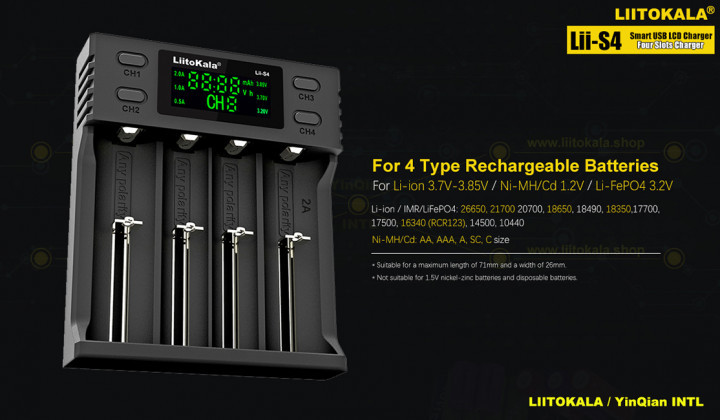 Універсальний ЗУ Liitokala Lii-S4 4 каналу Ni-Mh/Li-ion/LiFePo4 USB LCD ...