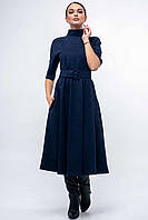 Модное женское платье замшевое с поясом миди длины 42-52 размера темно-синее 42