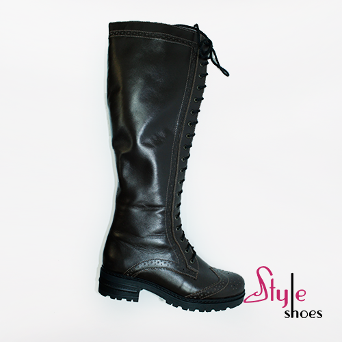 Чоботи шкіряні жіночі демісезонні на шнурівці темно-коричневого кольору "Style Shoes"