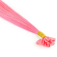 Цветная прядь натуральных волос на кератиновой капсуле для наращивания розовая