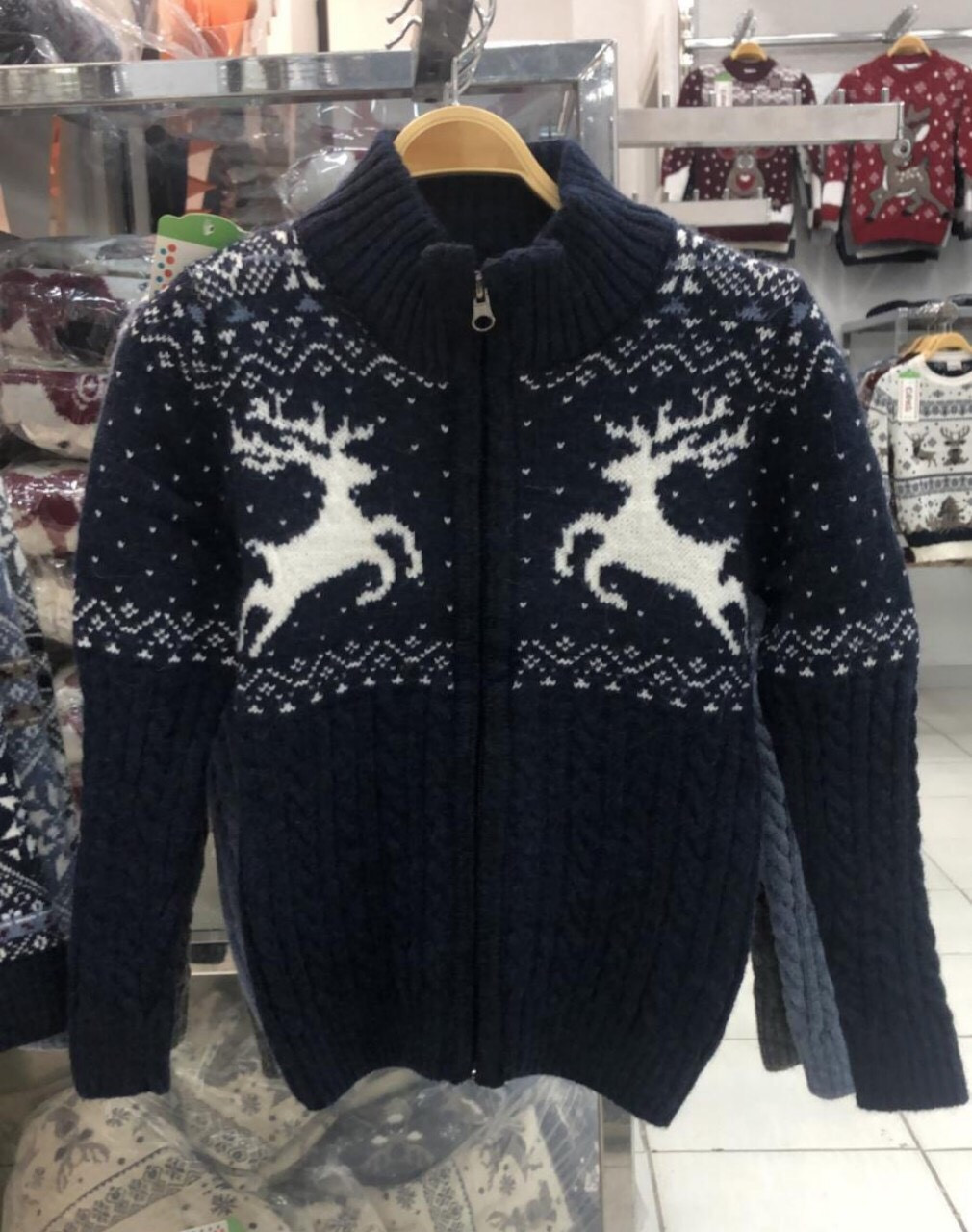 Кофта дитяча з оленями в'язана для дівчаток 116,128,140,146 зросту Синя, фото 1