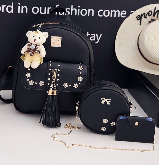 Жіночий набір з квіточками 3в1 Рюкзак, кругла сумочка, візитниця