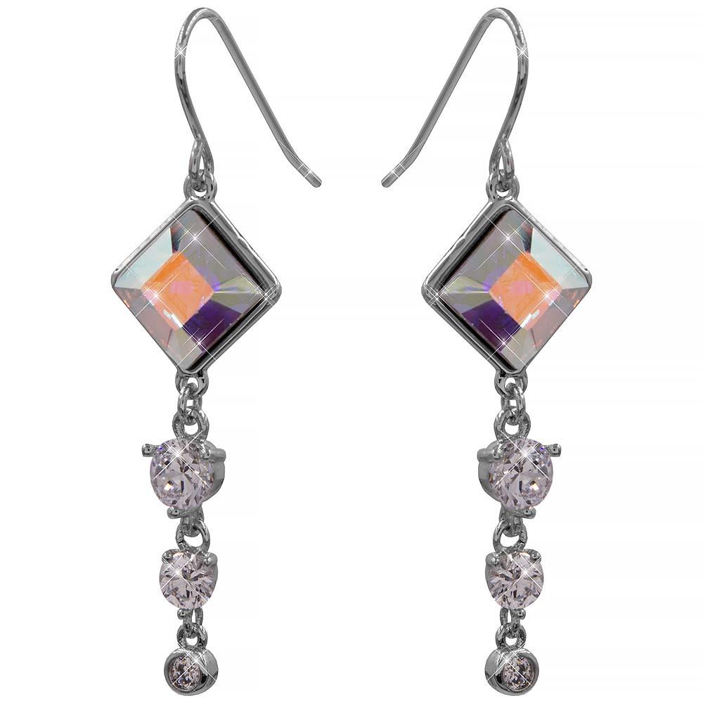 Сережки (гачки) з кристалами Swarovski Ромбик + 3 камені родіум (Мединська сталь), фото 1