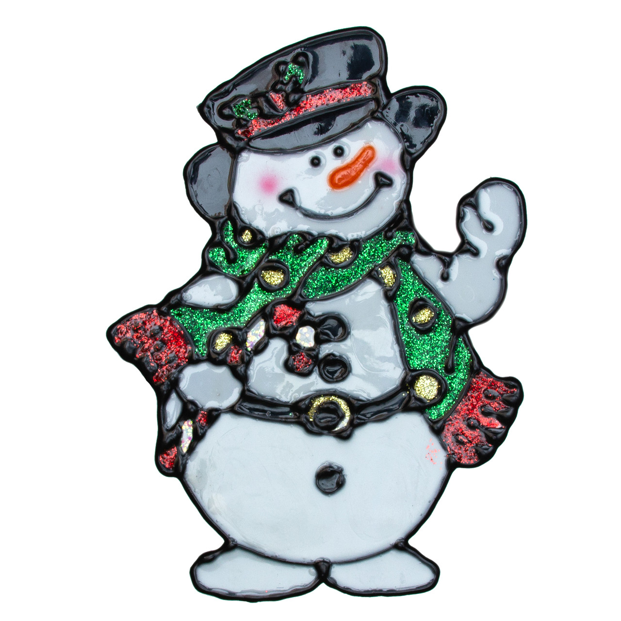 Новорічна прикраса - наліпка на вікно сніговик в чорній шапці, 19x14 см, білий, силікон (000548-1), фото 1