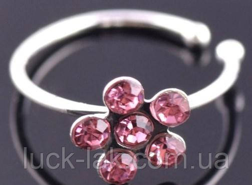 Пірсинг кільце для носа з квіткою зі стразів колір срібло з рожевим квіткою, фото 1