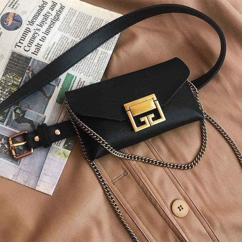 Жіноча поясна сумка з ланцюжком з екошкіри, чорна, фото 1