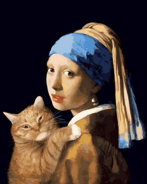 Картини по номерам 40х50 см. Babylon Дівчина з перловою сережкою і рудим котом (VP-1171)