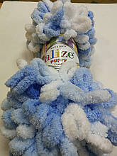 Пряжа Пуффи Колор Alize, колір 5865 біло\голуб\синій для в'язання без спиць руками з петельками 1 моток 100г