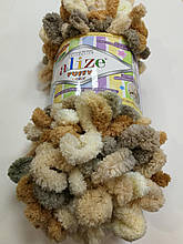 Пряжа Пуффи Колор Alize, колір 5926 біло\бежев\коричн для в'язання без спиць руками з петельками 1 моток 100г