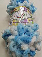 Пряжа Пуффи Колор Alize, колір 5924 біло\блакитний для в'язання без спиць руками з петельками 1 моток 100г