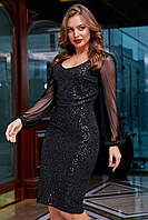 Нарядное платье с пайетками с рукавами сетка 44-50 размера черное