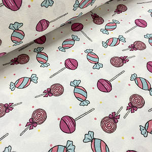 Фланелева тканина льодяники та цукерки фіолетові на білому (шир. 2,4 м) (FL-FR-0162)