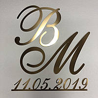 Буквы молодожёнов и дата свадьбы Manific Decor из зеркального пластика на свадьбу Золотые высотой 35 см