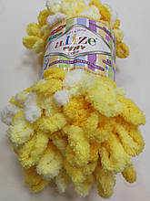 Пряжа Пуффи Колор Alize, колір 5921 біло\жовтий для в'язання без спиць руками з петельками 1 моток 100г