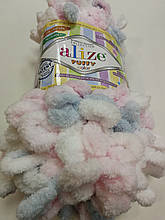 Пряжа Пуффи Колор Alize, колір 5864 біло\рожево\голуб для в'язання без спиць руками з петельками 1 моток 100г