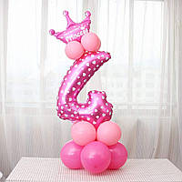 Цифра 4 из воздушных шаров на День Рождение девочки + 12 шаров + корона. Высота цифры 1 метр