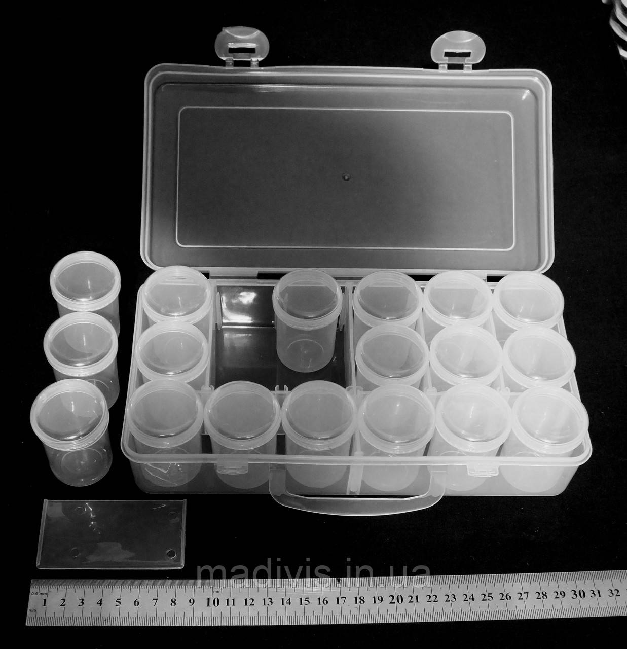 Бокс з баночками (18 шт.) для дрібних предметів 26 х 13,5 х 6,5 см., фото 1