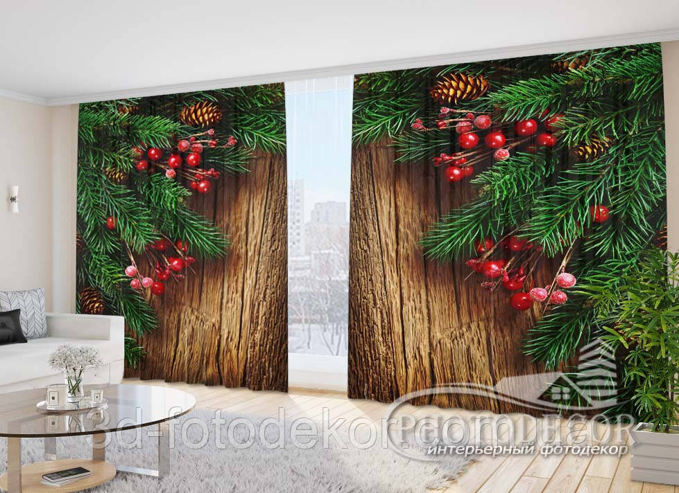 Новорічні Фото Штори "Ялинкові гілки на дереві" 2,7м*4,0м (2 полотна по 2,0м), тасьма, фото 1