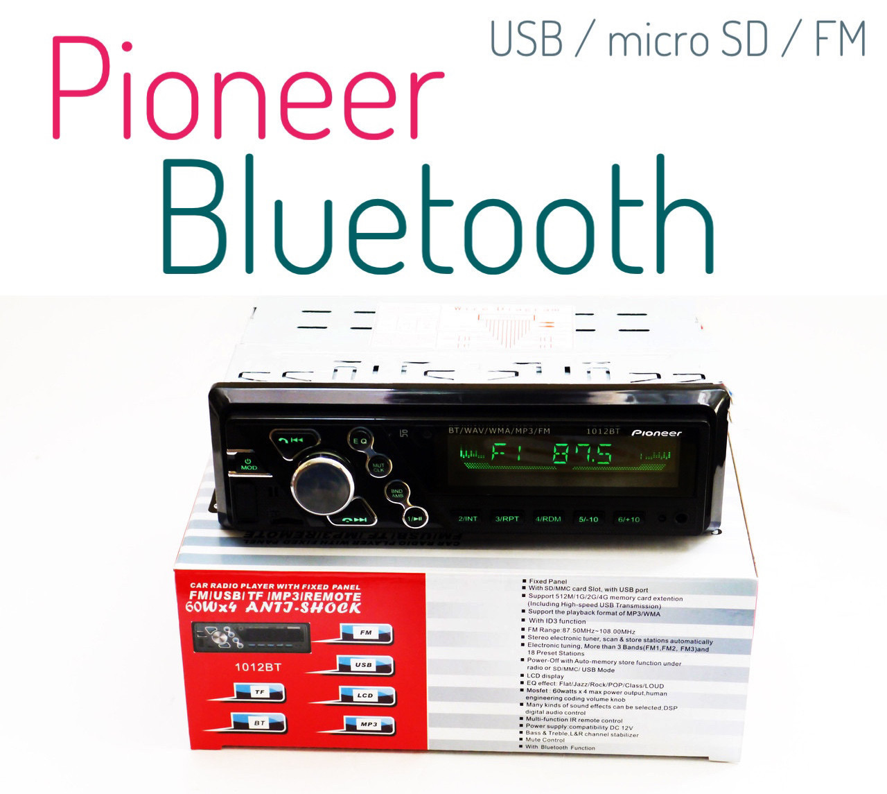 Автомагнітола з флешкою з блютузом \ Bluetooth - Pioneer - USB / micro SD / AUX / FM