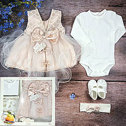 Хрестильний набір з сукнею "Пудра" Розмір: 0-3 місяці (9311-1)