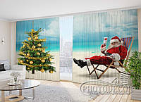 Новогодние Фото Шторы "Дед Мороз на море" 2,7м*5,0м (2 полотна по 2,5м), тесьма