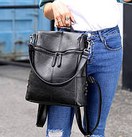 Женский кожаный городской стильный рюкзак ранець женская сумка 2 в 1 Черный