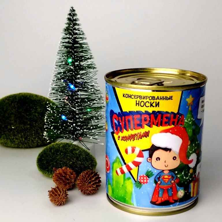 Консервовані Шкарпетки Супермена з цукеркою - Оригінальний, Недорогий Подарунок - Новорічний Подарунок, фото 1
