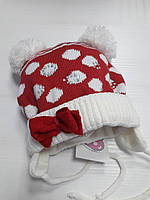 Шапка на зав'язках з помпонами для дівчинки, червона в білий горошок, Olta, 3-5 років