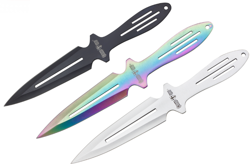 Набір ножів для метання 3 шт леза (сталевий, хамелеон/ перелив, чорний) + тканинний чохол для тренувань