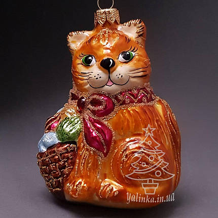 Скляна ялинкова іграшка Рудий кошеня з кошиком Irena, фото 1