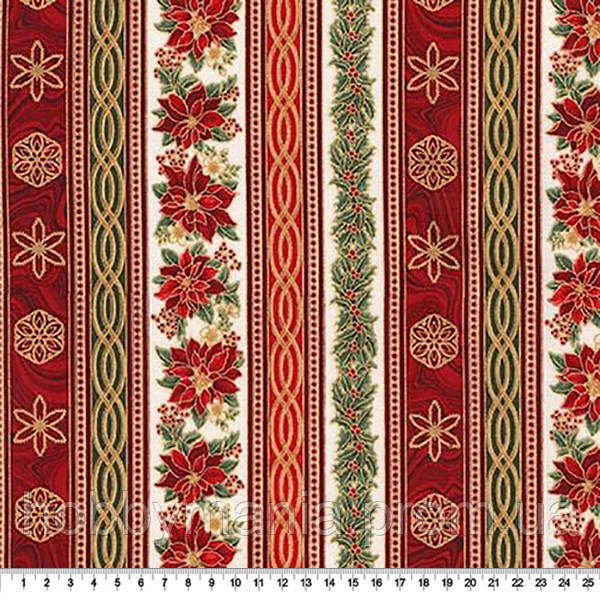 Новорічна тканина з мотивом пуансетії, 55*46 см, смужка, візерунки, золото, червоний. NY-47