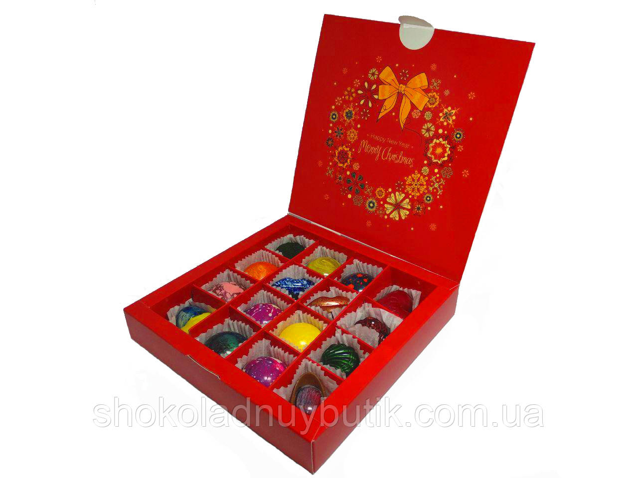 Шоколадні цукерки ручної роботи *Червона різдвяна коробка на 16шт.*