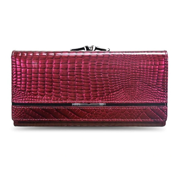 Гаманець жіночий шкіряний лаковий з тисненням під крокодила (бордовий), фото 1