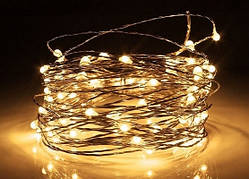 Світлодіодна гірлянда нитка на 100 Led "Краплі роси" 10 м на батарейках біла тепла / Світна дріт
