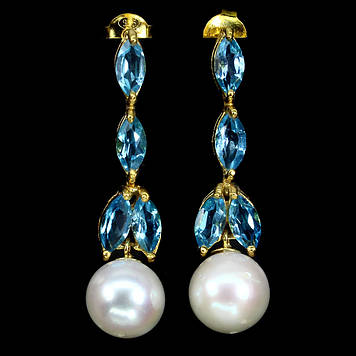 Сережки натуральний Перли та Блакитний Топаз. Срібло 925, покриття золотом 14 каратів