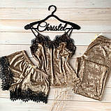 Жіноча піжама-трійка з мармурового велюру (майка, штани, шорти), фото 6