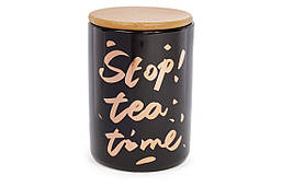Банку порцеляновий для чаю цукру кава 725мл з бамбуковою кришкою Tea time, колір - чорний з золотом