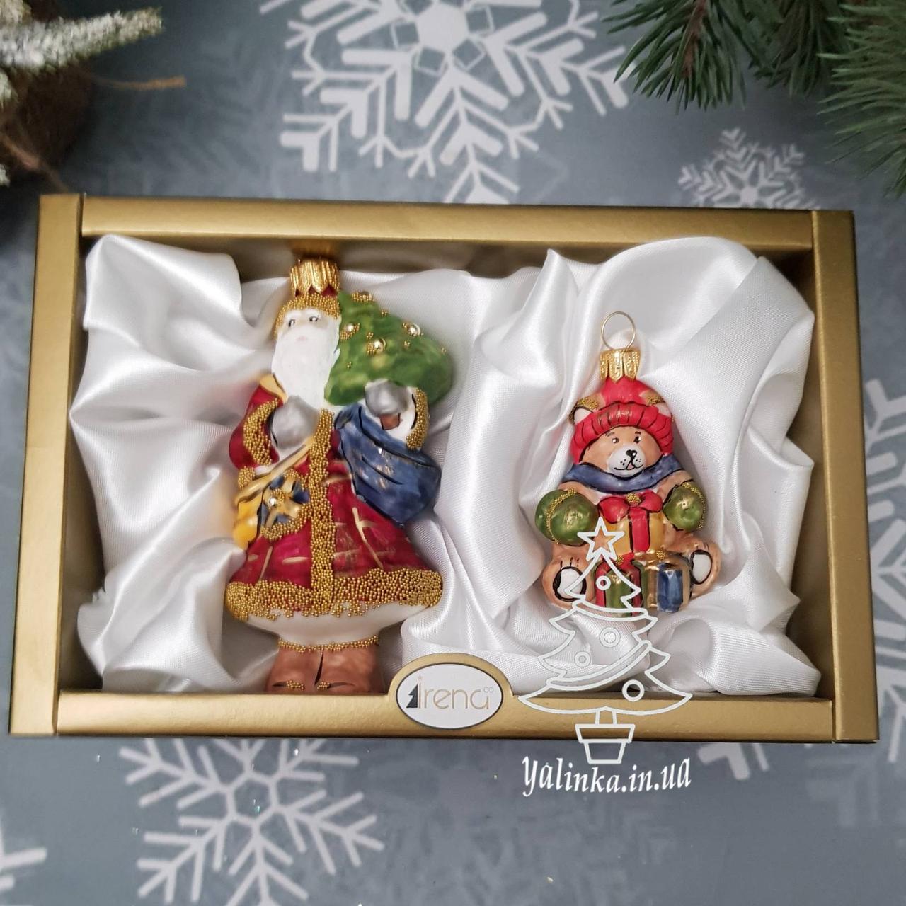 Набір скляних ялинкових іграшок Дід Мороз з ялинкою і мішка з подарунками Irena
