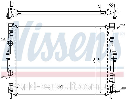 Радіатор системи охолодження на Рено Сценік II 1.5dci, 1.6i 16V, 1.4i 16V, 1.9dc / NISSENS 63769