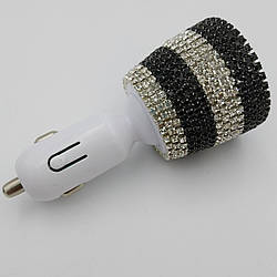 Автомобільне зярядное пристрій 3,1 А, дрібні стрази Чорно-білий