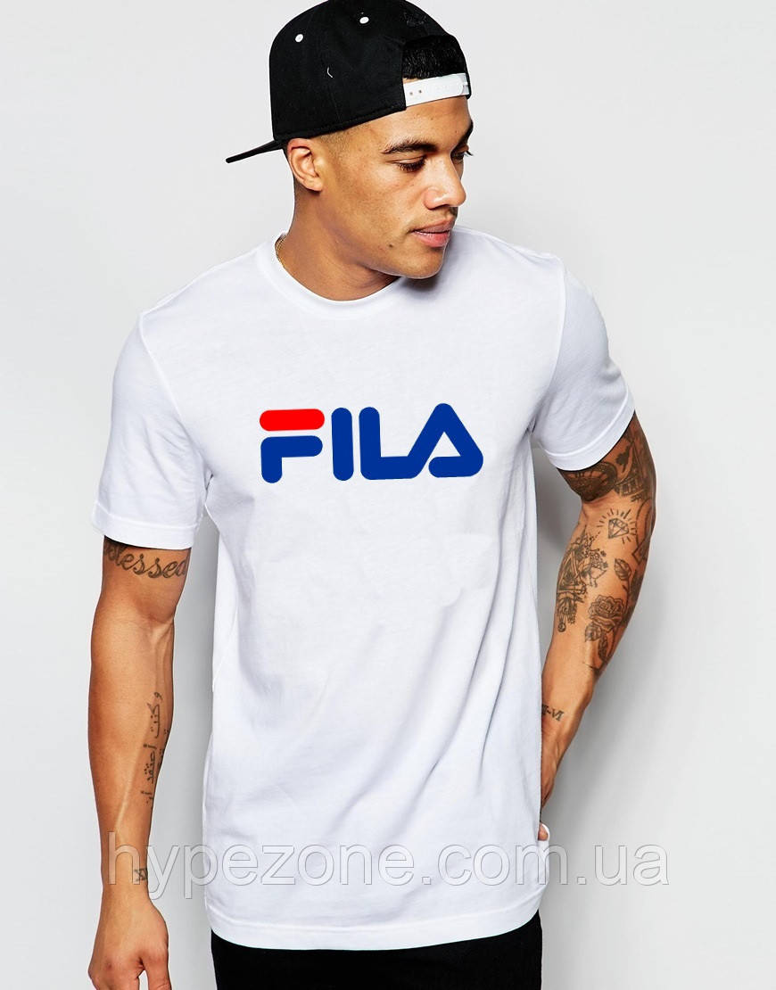 Футболка FILA біла бавовна Чоловіча трикотажна футболка в стилі Філа синє лого