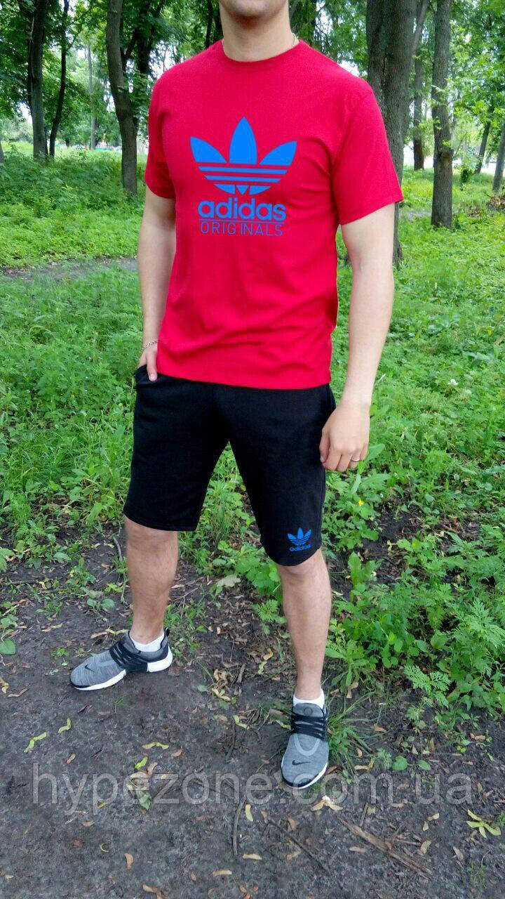 Чоловічий комплект футболка + шорти Adidas червоного і чорного кольору