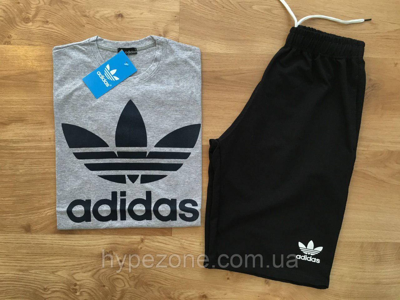 Чоловічий комплект футболка + шорти Adidas сірого і чорного кольору, фото 1